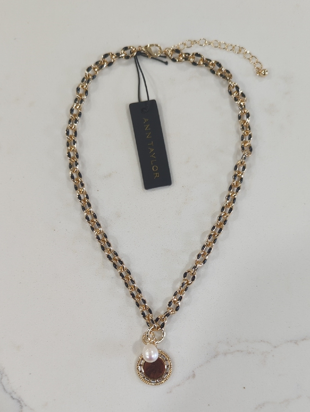 Ann Taylor Gold and Black Chain Necklace with Pearl and Medallion